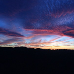 Above a silhouette of the horizon, a purple, pink and yellow sunset fills the sky.