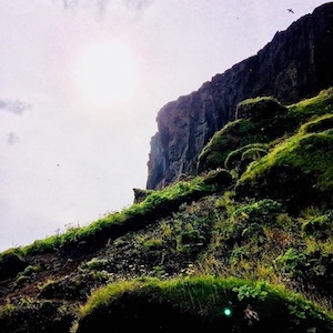 A black cliff and rocks covered in moss, grass and wildflowers are lit up by the sun, which peaks through the clouds behind them.