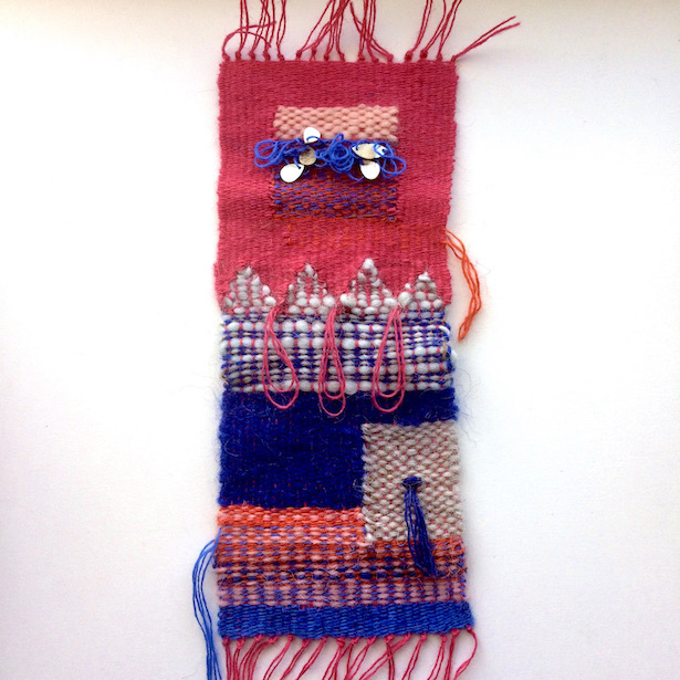 Rectangular weaving with varigation, plaid and geometric shapes. In hot pink, blush, blues, seafoam, gray and orange, featuring capiz shell beads and rya loops.