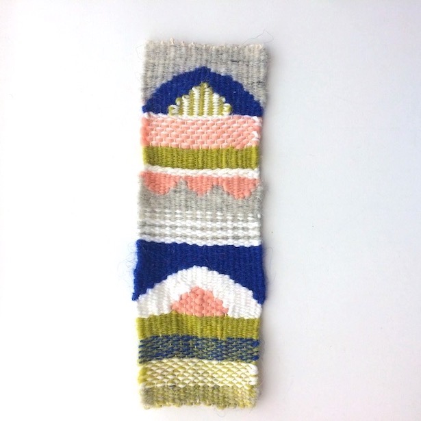 Narrow, rectangular weaving with half circles, scallops, stripes and varigation. In cobalt, blush, chartreuse, gray and white.