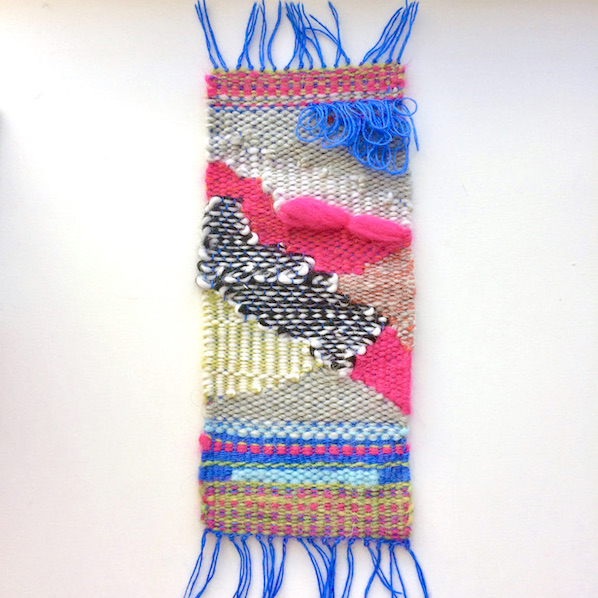 Rectangular weaving featuring stripes, plaid, rya knots and organic shapes. In blue, hot pink, chartreuse, gray, black and white.