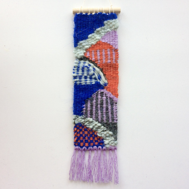 Narrow, rectangular weaving, inspired by the deep sea. In cobalt, lilac, orange, seafoam and gray.