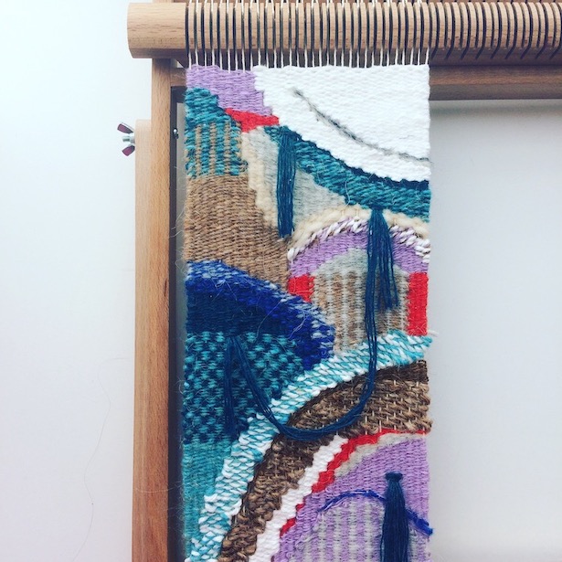 Rectangular weaving inspired by the deep sea. In blues, lilac, orange, browns, white and gray.